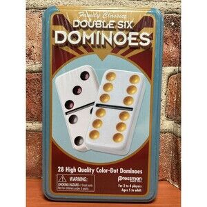 28 Color-Dot Double Six Dominoes In Tin Pressman Family Classics New